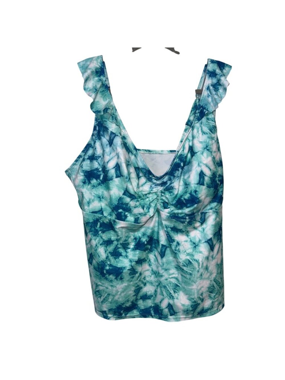 Blue & White Tie-Dye Tankini Swim Top With Ruffle Straps Adjustable Back